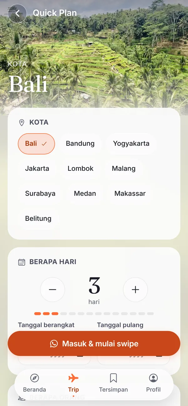 Tangkapan layar Quick Plan di TravelMaster: pilihan sepuluh kota, jumlah hari, dan tombol Masuk & mulai swipe
